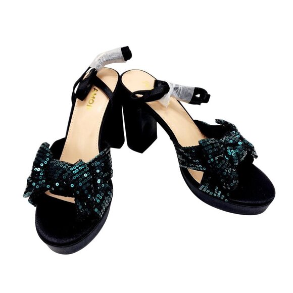 Amoji Womens Sequin Bow High Heel Sandals Black/Green Size 38 /US 8 - Picture 13 of 16